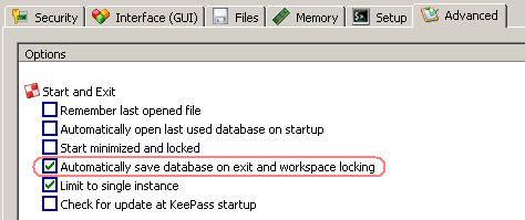 Configure KeePass to automatically save database on exit and workspace locking