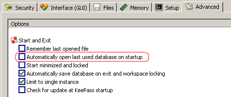 Configure KeePass not to automatically open last used database on startup