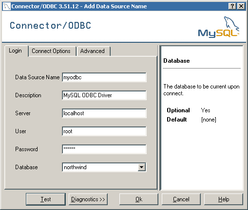 Enter MySQL ODBC connection information.