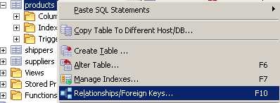 Menu item to create foreign key relationships in northwind products table