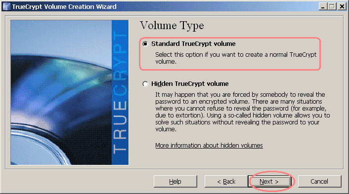 Choose the type of TrueCrypt volume to create