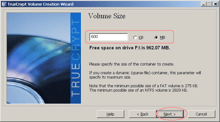 Specify the size of the volume file