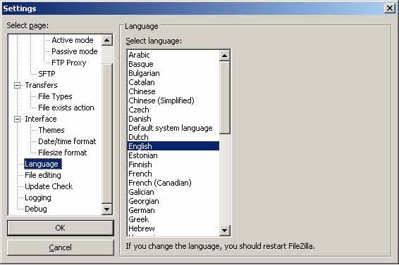 FileZilla Free FTP program language configuration