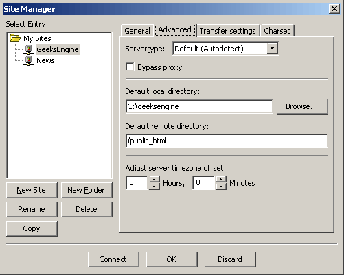 Advanced tab in FileZilla Site Manager