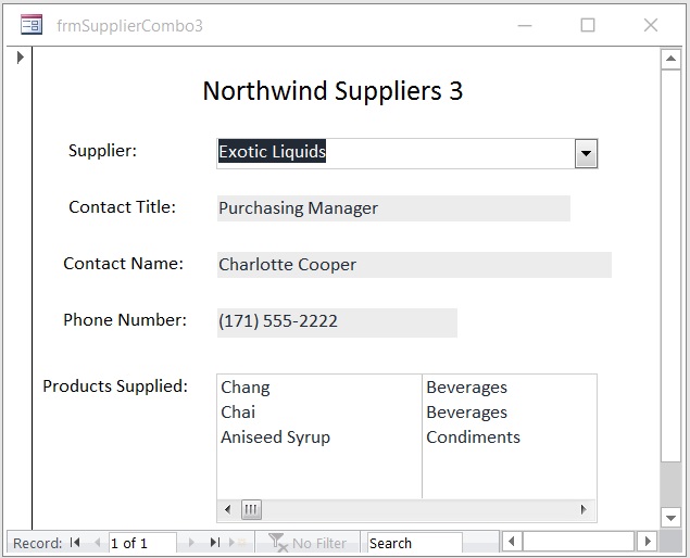 Northwind Suppliers combo box with correlated list box