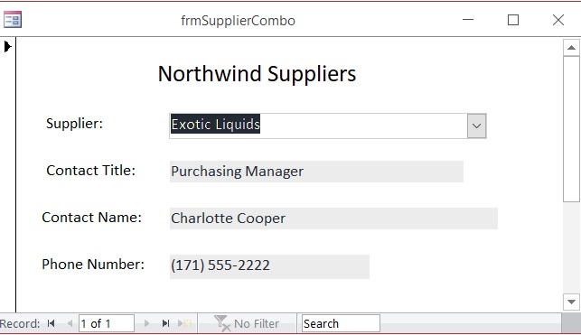 Northwind Suppliers drop down box / combo box