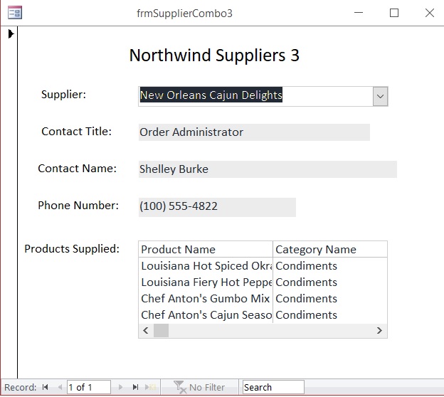 Northwind Suppliers combo box with correlated List control